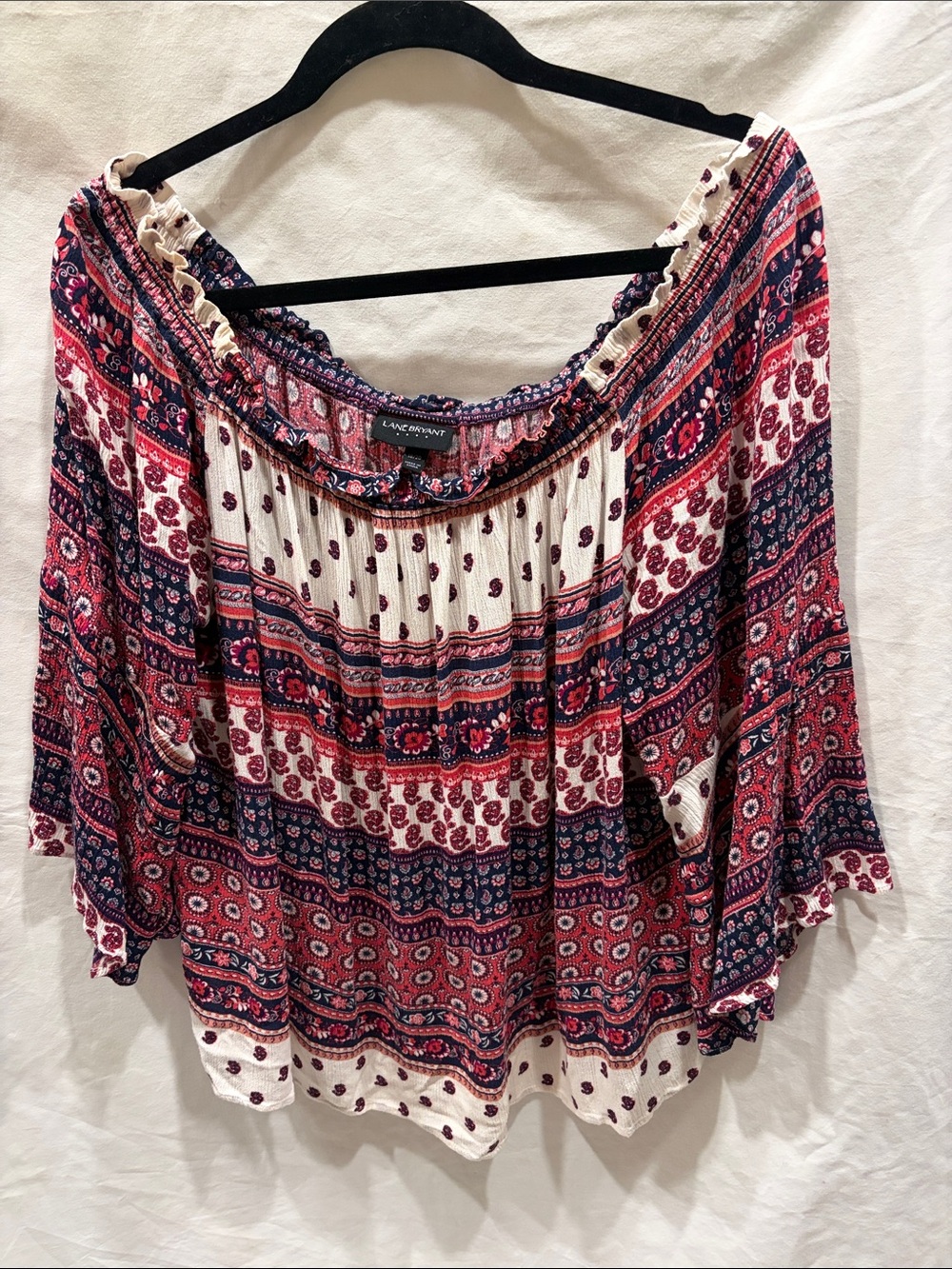 Lane Bryant Red, Navy and White Boho Off-Shoulder Tunic